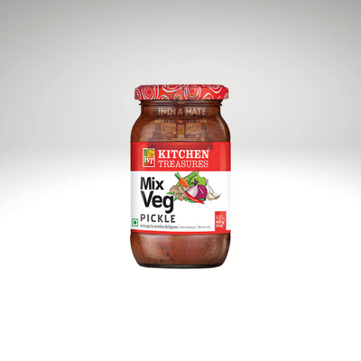 Jar of Kitchen Treasures Mix Veg Pickle on a white background
