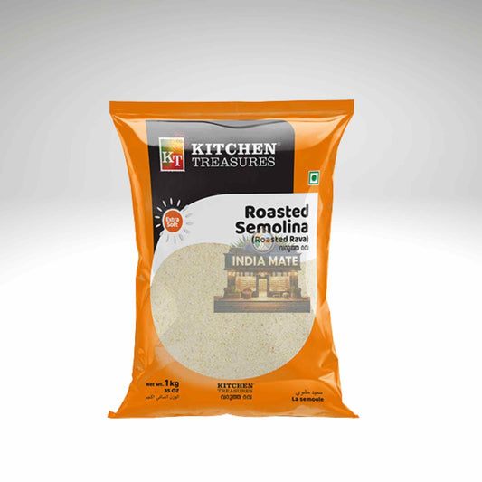 Packaged product of Kitchen Treasures Roasted Semolina on a white background