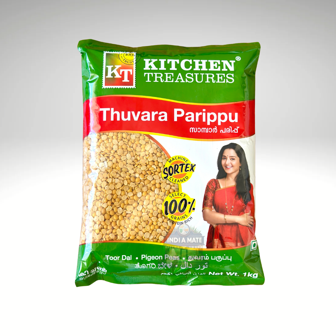 Kitchen Treasures Toor Dal 1kg pack, premium quality split pigeon peas, perfect for authentic Indian recipes, rich in protein and essential nutrients.