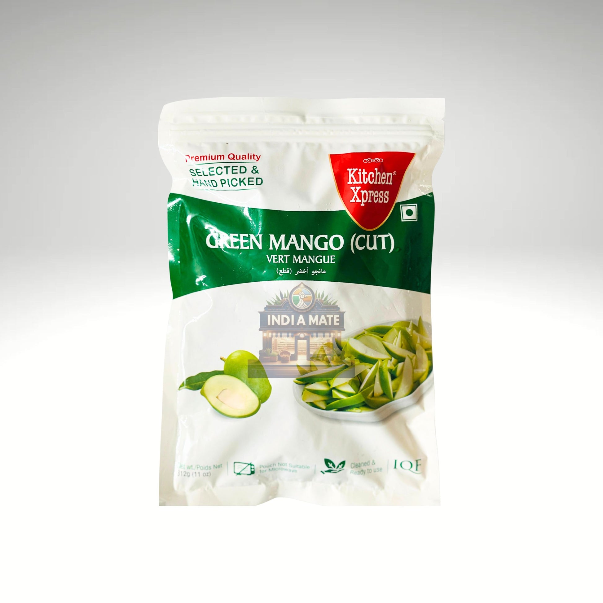 Kitchen Xpress Cut Green Mango (Kaccha Aam) – tangy and fresh raw mango slices for pickles and curries. Sold by IndiaMate.