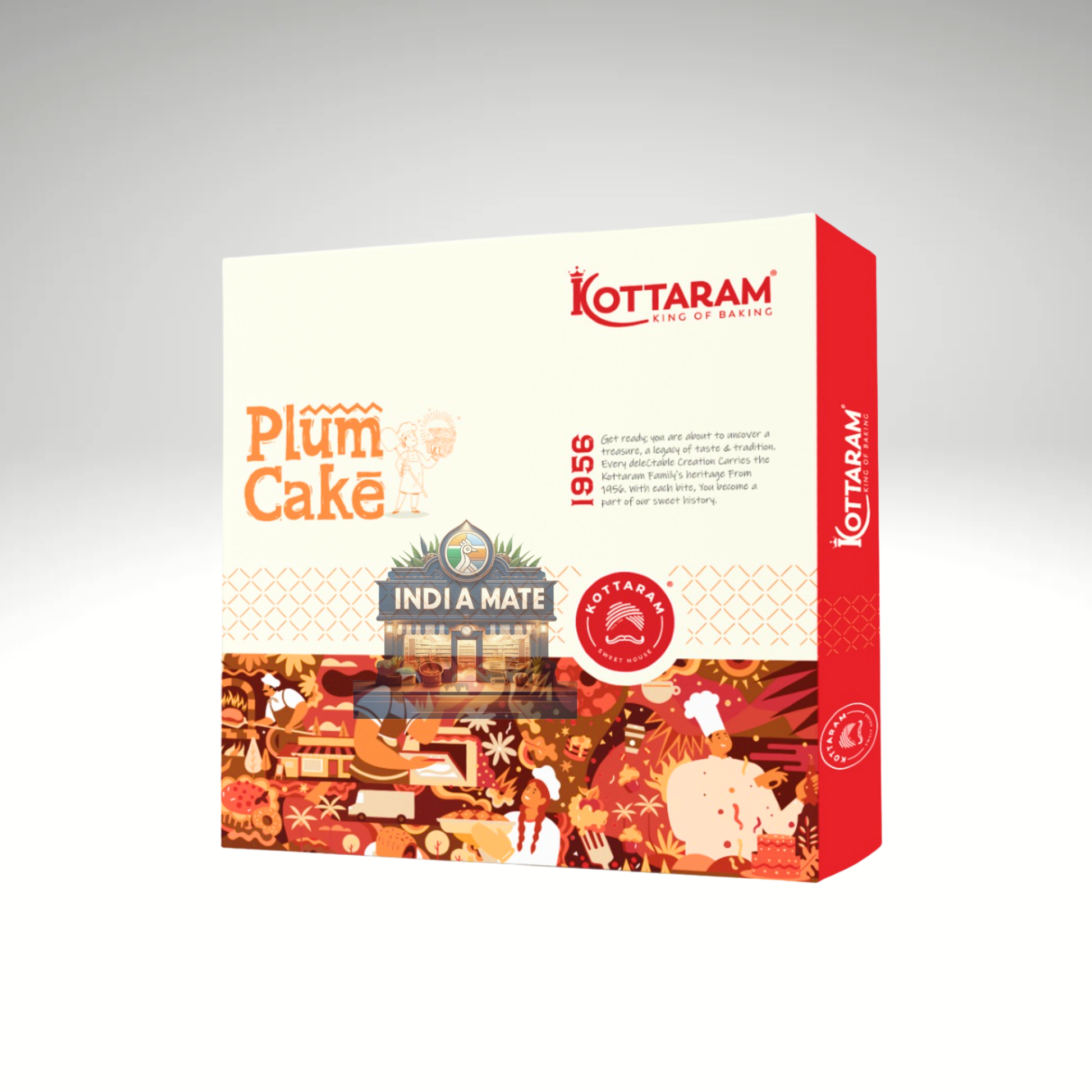 Kottaram plum cake packaging with brand logo and cake illustration on a white background
