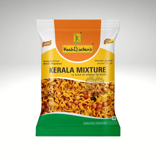 Kozhikoden's Kerala Mixture packaging featuring a spicy, crunchy snack mix with fried gram flour, peanuts, and aromatic spices.