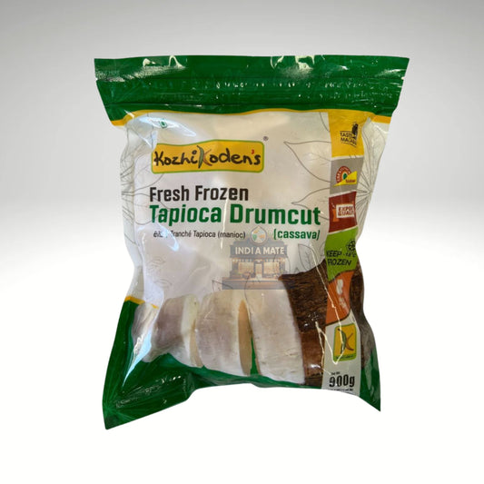 Kozhikoden's Tapioca (Cassava) Drum Cut packaging with premium-quality frozen cassava for traditional recipes.