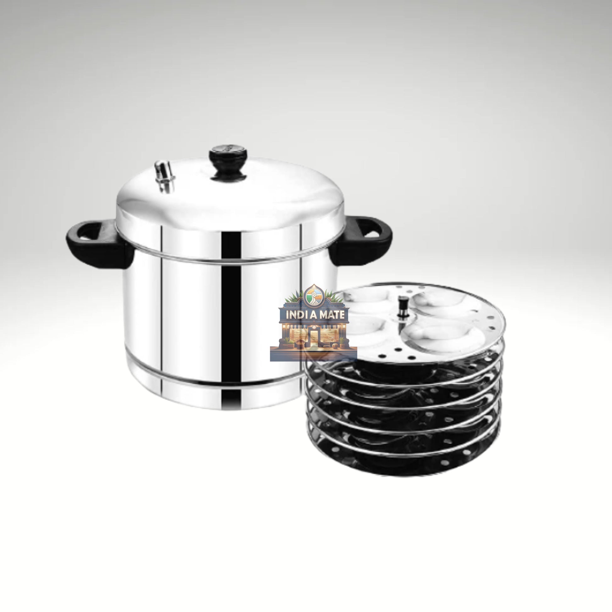 Madhu stainless steel idli cooker with six stacked circular plates and a locking rim, filled with freshly steamed idlis on a countertop.
