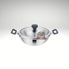 Madhu Stainless Steel Kadhai with Glass Lid – durable Indian cooking wok for home use.