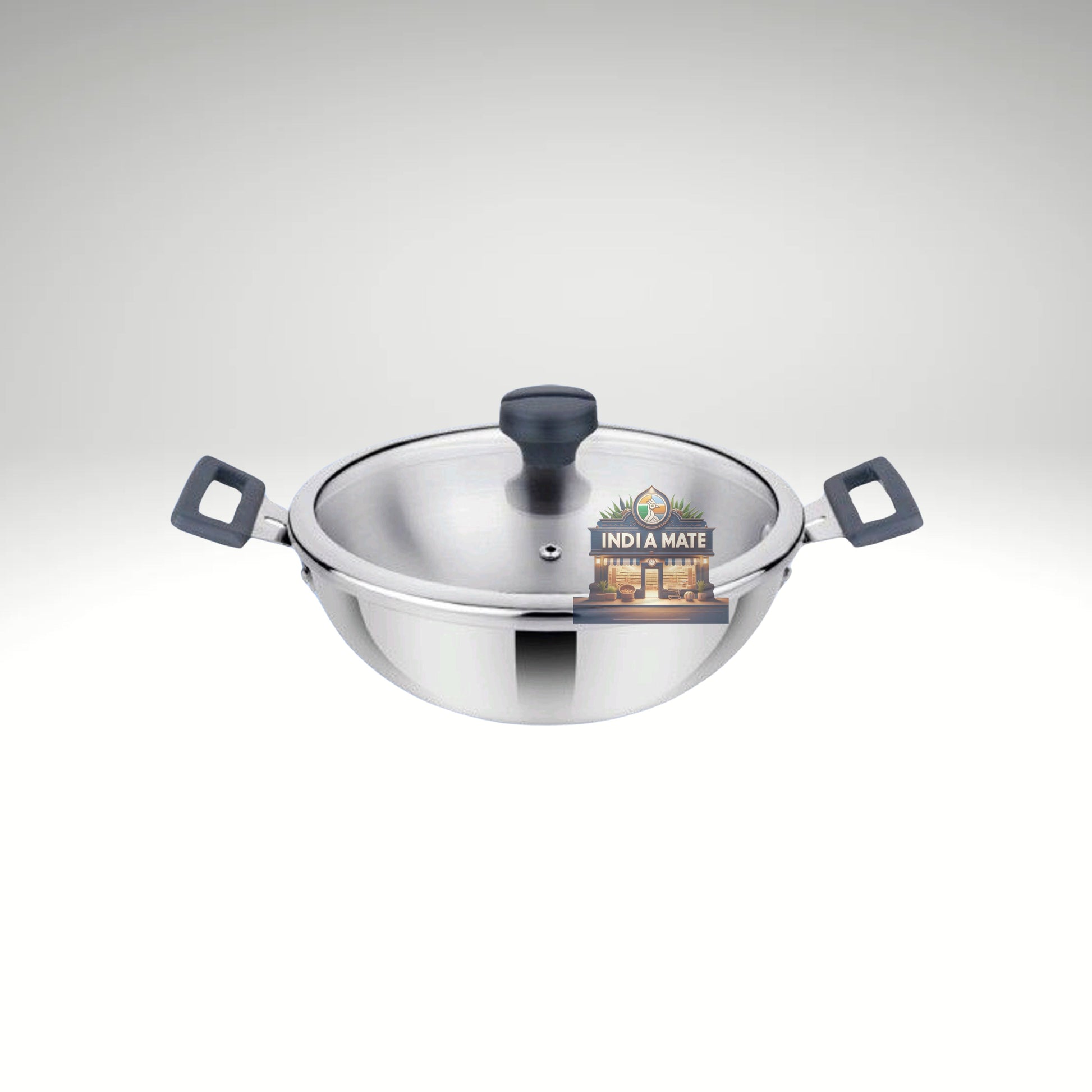 Madhu Stainless Steel Kadhai with Lid – polished stainless steel deep pan with tight-fitting lid and sturdy handles.