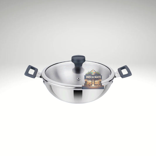 Madhu Stainless Steel Kadhai with Lid – polished stainless steel deep pan with tight-fitting lid and sturdy handles.