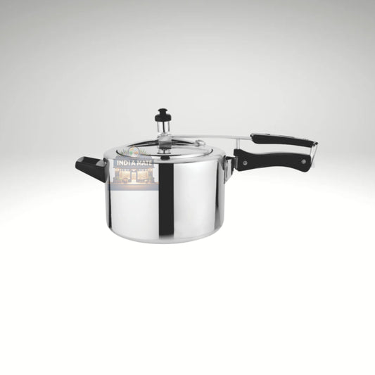 Madhu Stainless Steel Pressure Cooker featuring a sturdy design for quick and efficient cooking.