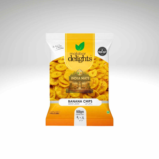 Pack of Malabar Delights Banana Chips on a white background.