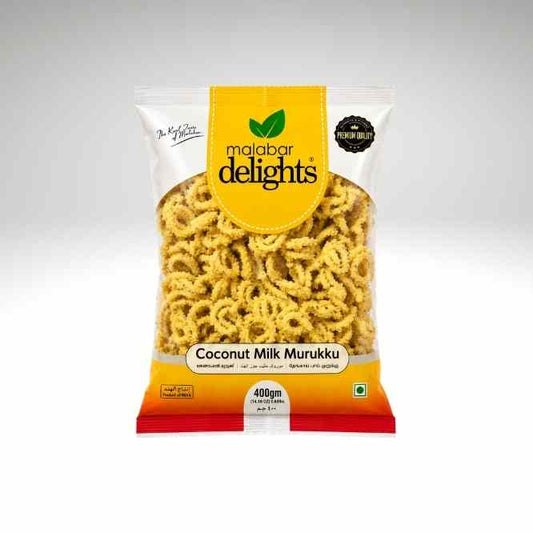 A 400g bag of Malabar Delights Coconut Milk Murukku, showing the golden fried snacks visible through a clear window on a light grey background.