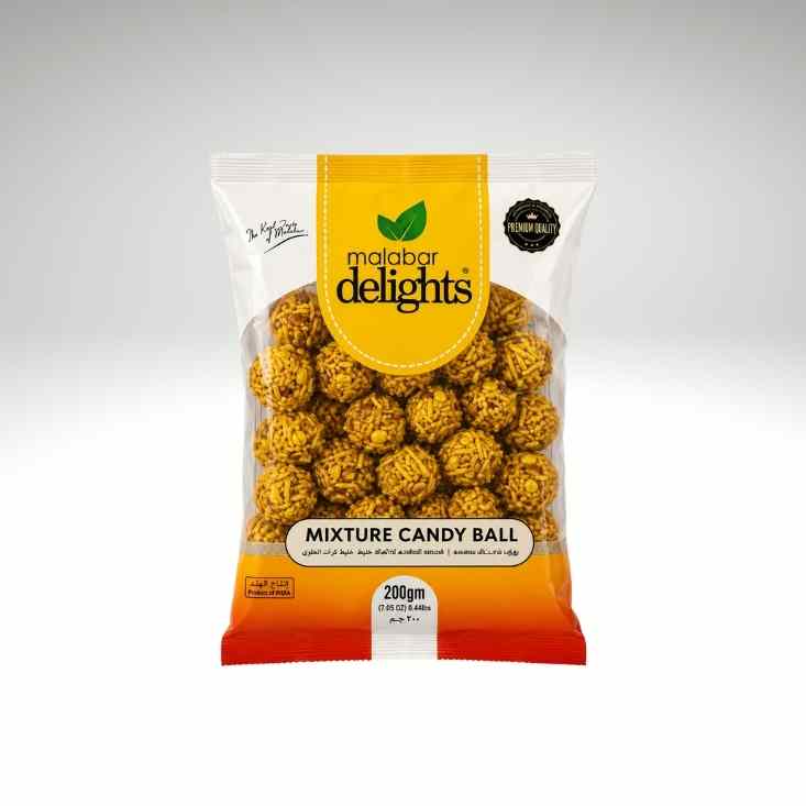 A 200g bag of Malabar Delights Mixture Candy Ball, featuring golden-brown textured candy balls visible through a clear window on a white and orange background.