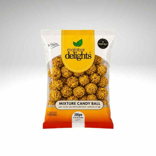 A 200g bag of Malabar Delights Mixture Candy Ball, featuring golden-brown textured candy balls visible through a clear window on a white and orange background.