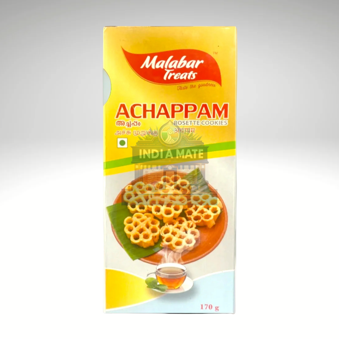 Package of Malabar Treats Achappam, featuring delicate, flower-shaped, crispy rice flour cookies, a traditional South Indian snack.