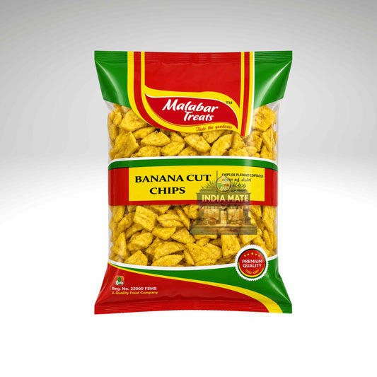 A bag of Malabar Treats Banana Cut Chips (India Mate flavor) on a light gray gradient background. The packaging is red, green, and yellow, showing the golden-brown potato chips inside through a clear window.