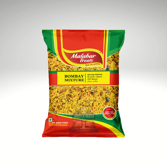 Malabar Treats Bombay Mixture – Crunchy, spicy Indian snack blend with fried lentils, nuts, and savoury spices.