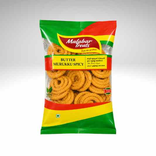 A package of Malabar Treats Butter Murukku Spicy, featuring golden-brown spiral snacks inside a green, yellow, and red bag, set against a neutral gray background.