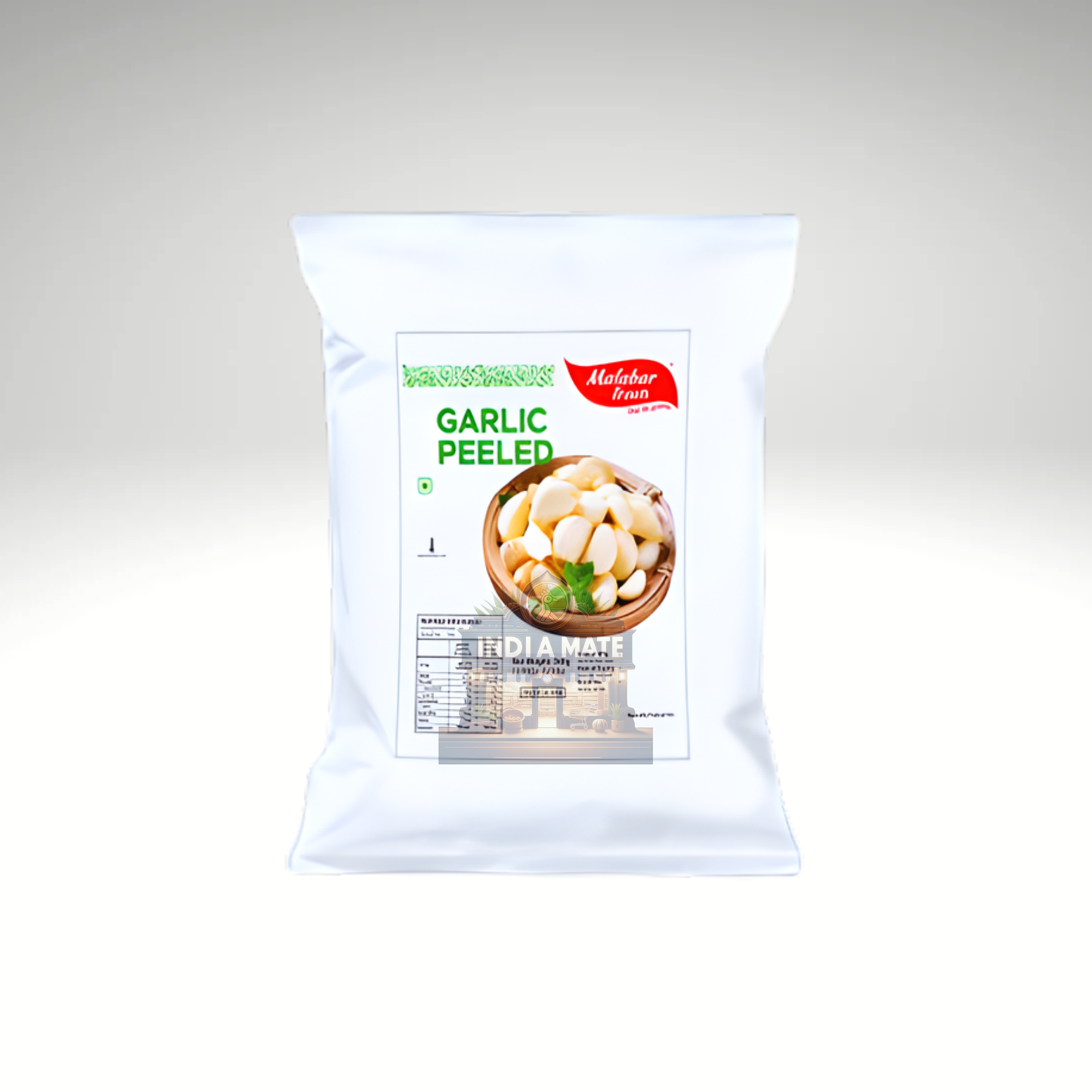 Packaged garlic on a white background
