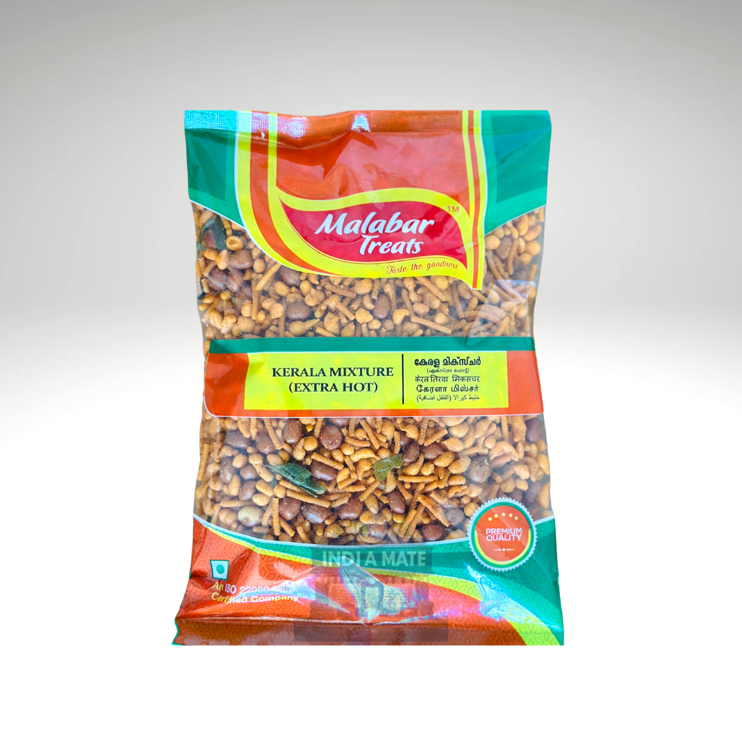 Malabar Treat Kerala Mixture (Extra Hot)  – Spicy and crunchy South Indian snack mix with peanuts, fried lentils, and curry leaves, packed with bold flavours.