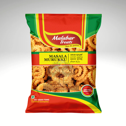 Package of Malabar Treats Special Masala Murukku, showing crunchy, spiral-shaped snacks seasoned with flavorful spices, perfect for a traditional Indian treat.