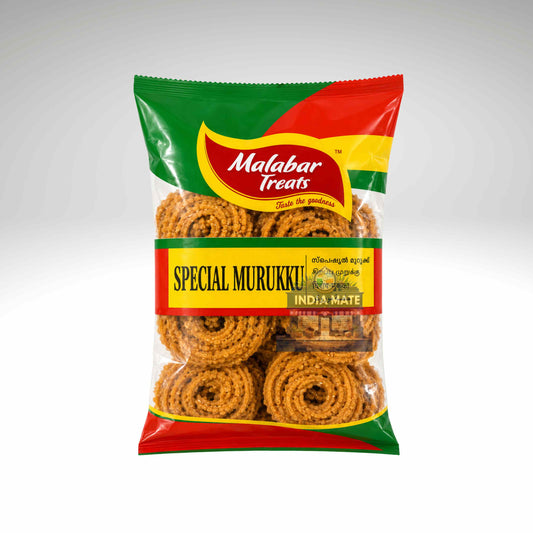 A package of Malabar Treats Special Murukku India Mate, showing the golden-brown rolled snacks visible through a clear lower section of the packaging, with a green, red, and yellow label design.