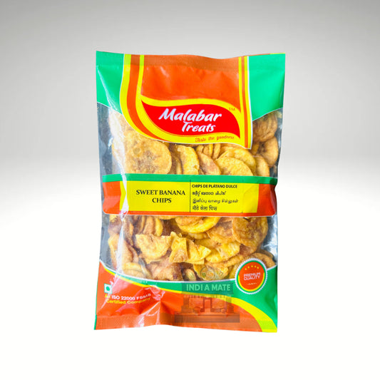 Malabar Treats Sweet Banana Chips, crispy and delicious banana chips coated in a hint of sweetness, beautifully packaged as a popular snack from Kerala.