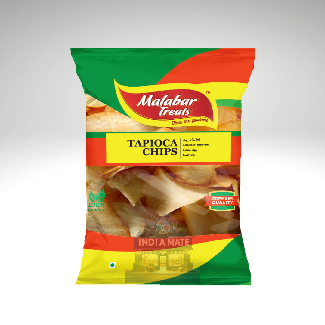 Bag of Malabar Treats Tapioca Chips, featuring thin, crispy tapioca slices, seasoned for a delicious, savoury snack.