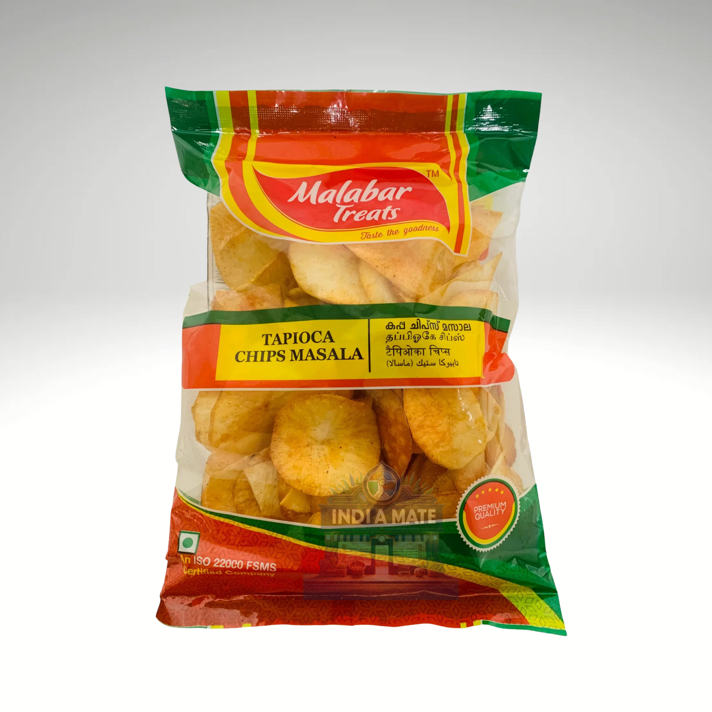 Malabar Treats Tapioca Chips Masala, crunchy and spiced tapioca chips in vibrant packaging, showcasing authentic South Indian flavours.