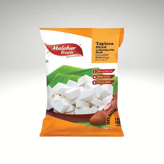 Malabar Treats Sliced Tapioca-Cassava (കപ്പ) from IndiaMate, showcasing fresh, sliced tapioca ready to cook.