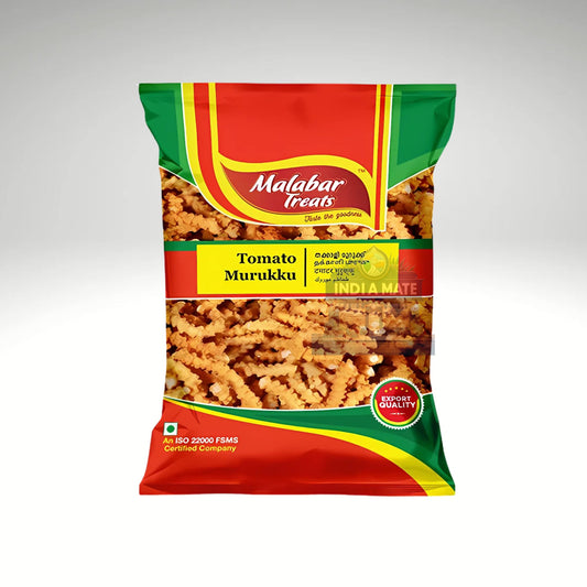 Malabar Treats Tomato Murukku – Crispy South Indian snack with tangy tomato flavour and spices.