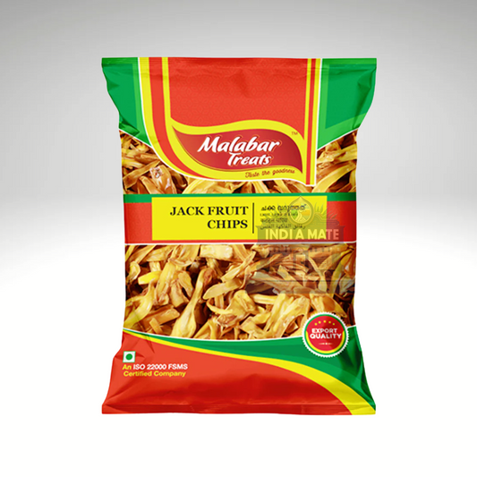 Packaged jack fruit chips from Malabar Treats on a gray background