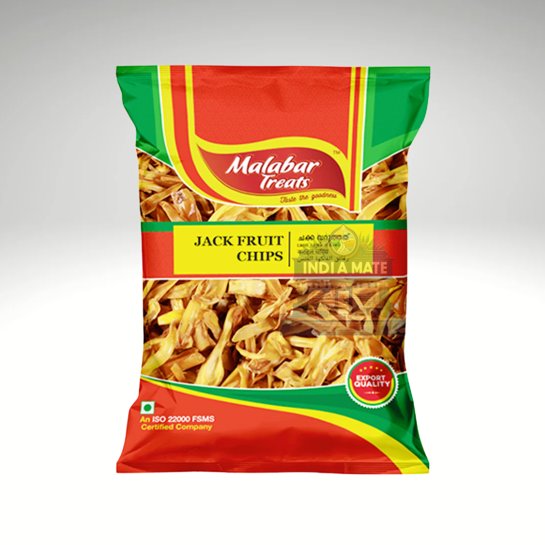 Bag of Malabar Treats Jackfruit Chips, featuring crispy, golden jackfruit slices, perfect for a savoury, tropical snack.