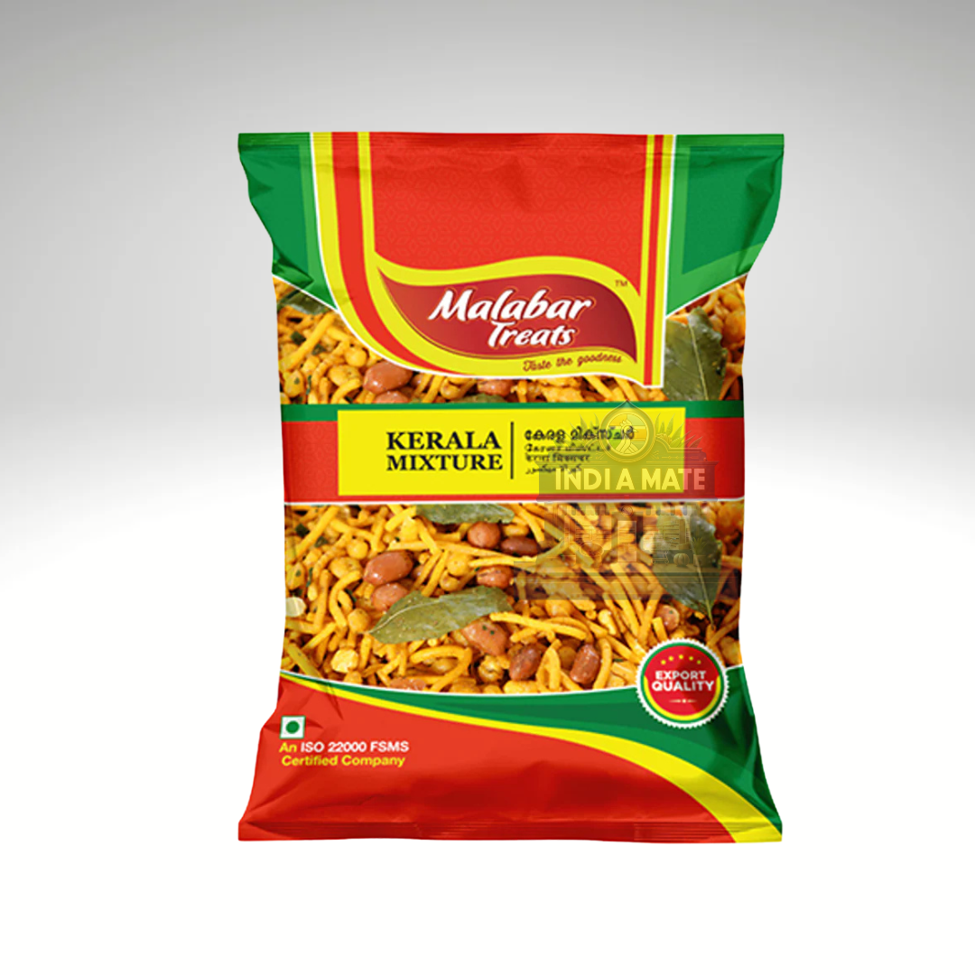 Package of Malabar Treats Kerala Mixture, showcasing a spicy, crunchy blend of traditional Indian snacks, ideal for a flavorful treat.