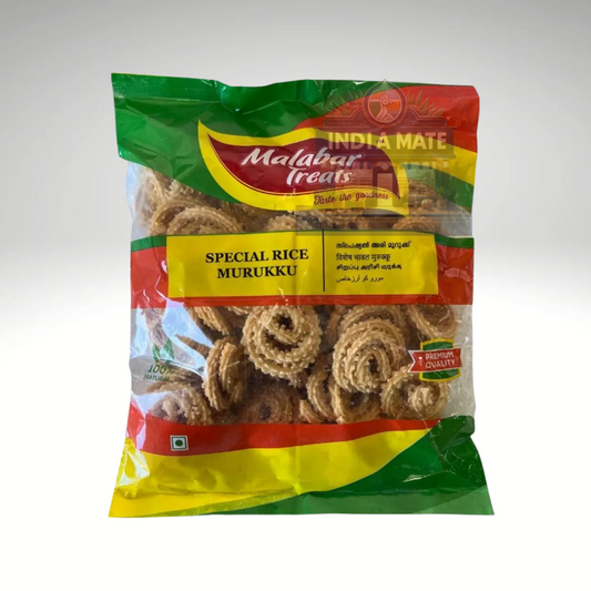 Malabar Treats Rice Murukku, a crispy and flavorful South Indian snack made from rice flour and spices.