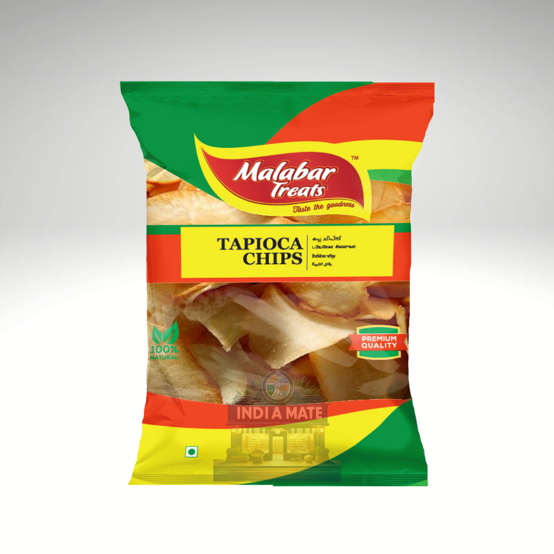 Packaged tapioca chips with Malabar Treats branding on a white background
