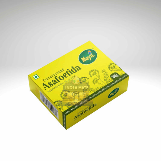 Yellow box of Mayil Asafoetida on a white background