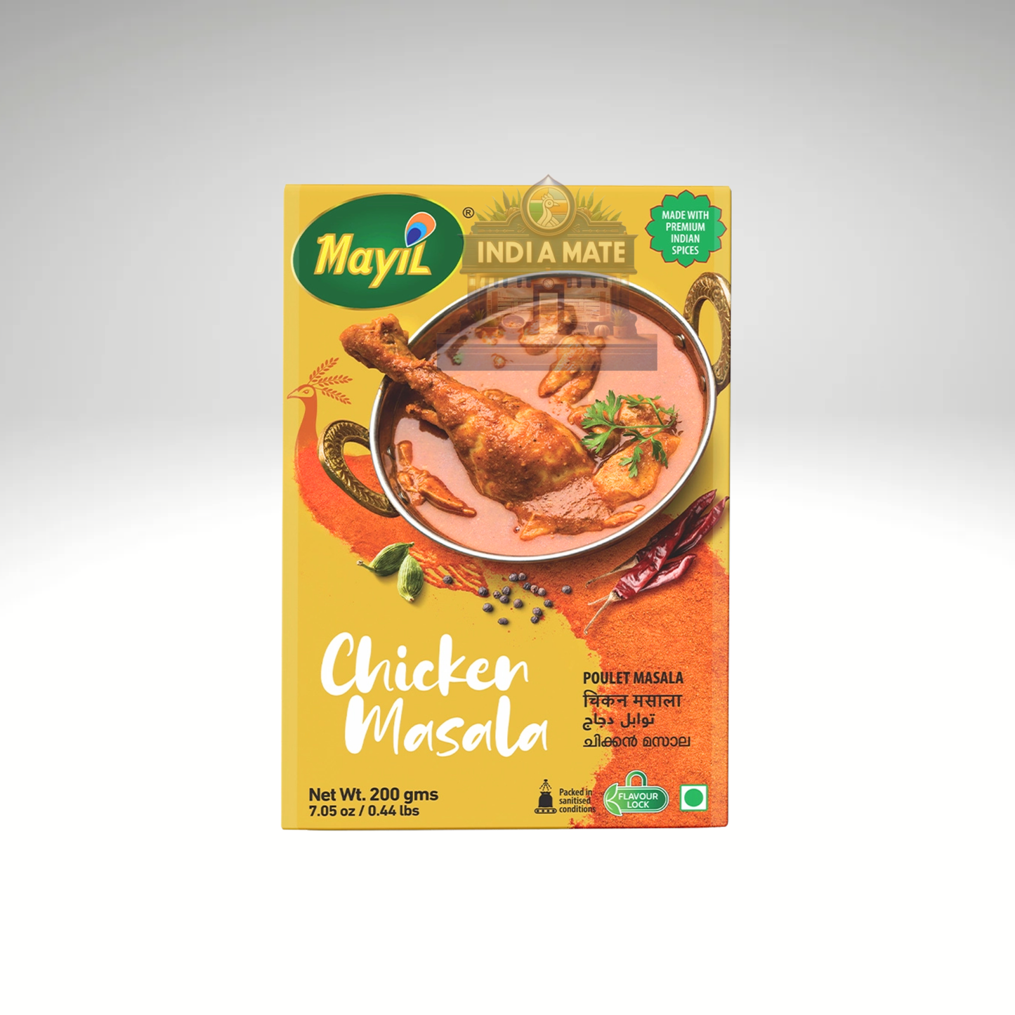 Mayil Chicken Masala, a spice mix specially crafted for marinating and cooking chicken, presented in a vibrant green and white packaging. 