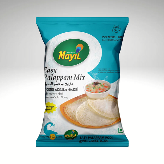 Mayil Easy Palappam Mix, a convenient pack of pre-mixed ingredients for making soft and fluffy South Indian palappam (rice pancakes). The packaging is designed in blue and white, prominently displaying the Mayil brand logo, with instructions and ingredient details, making it perfect for a quick and delicious meal.