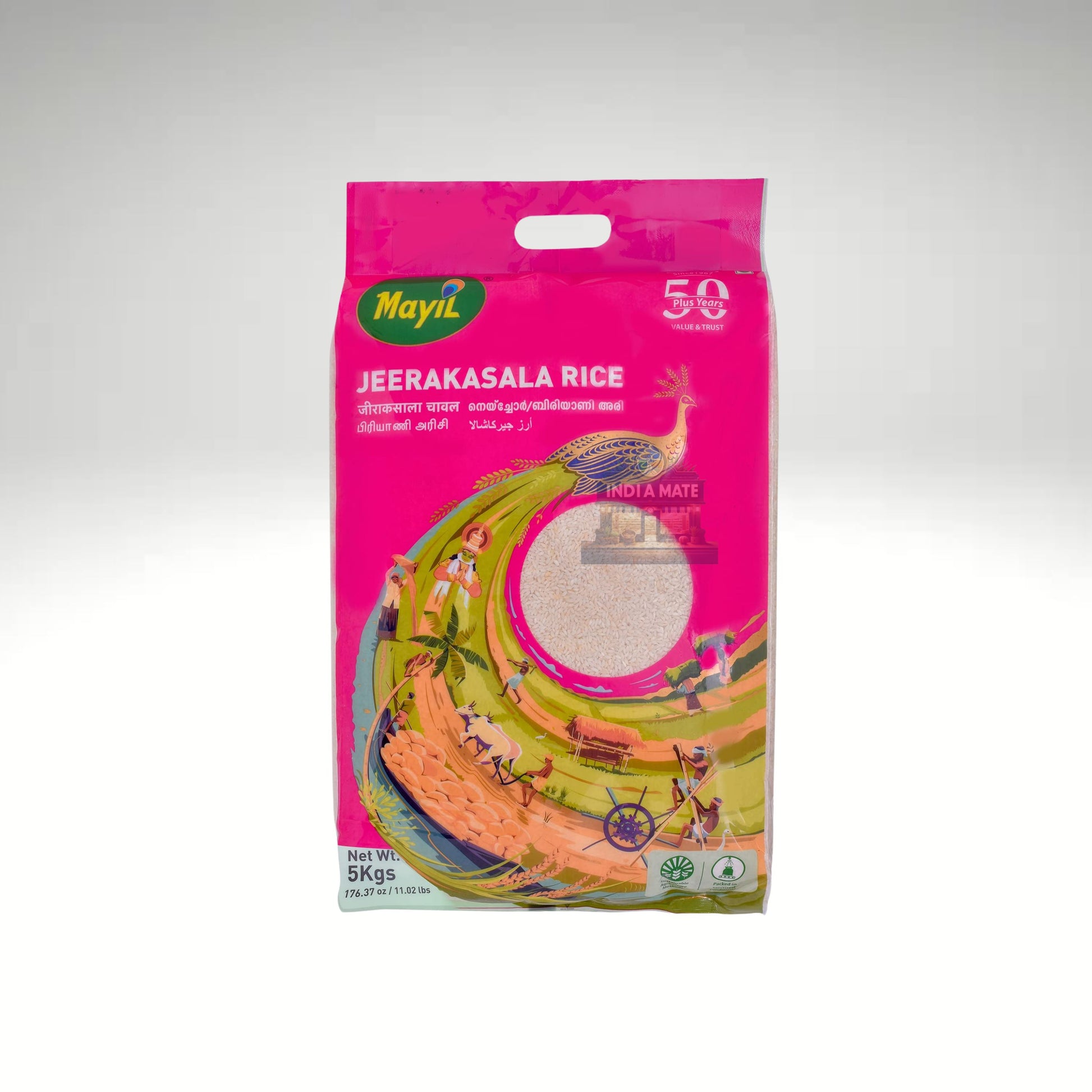 Mayil Jeerakasala Kaima Rice sold by IndiaMate - Aromatic short-grain rice ideal for biryani and festive dishes.