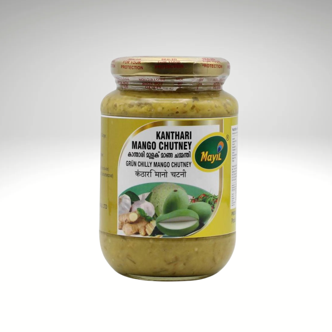 Kanthari Mango Chutney, a jar of South Indian mango chutney made with ripe mangoes and spices, offering a blend of sweet, tangy, and spicy flavours. The product is packaged in a vibrant jar with a green and yellow label, featuring the mayil brand logo and ingredients, perfect for pairing with various dishes.