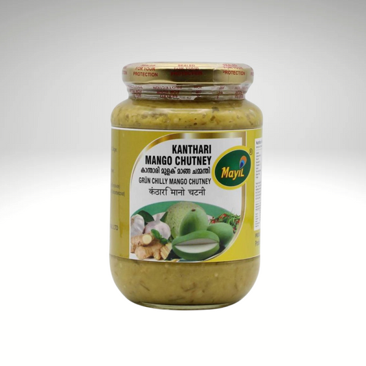 Kanthari Mango Chutney, a jar of South Indian mango chutney made with ripe mangoes and spices, offering a blend of sweet, tangy, and spicy flavours. The product is packaged in a vibrant jar with a green and yellow label, featuring the mayil brand logo and ingredients, perfect for pairing with various dishes.