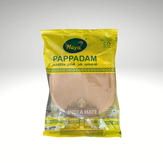 Pack of Mayil Papad sold by IndiaMate, crispy and delicious papadums perfect as a snack or side for Indian meals.