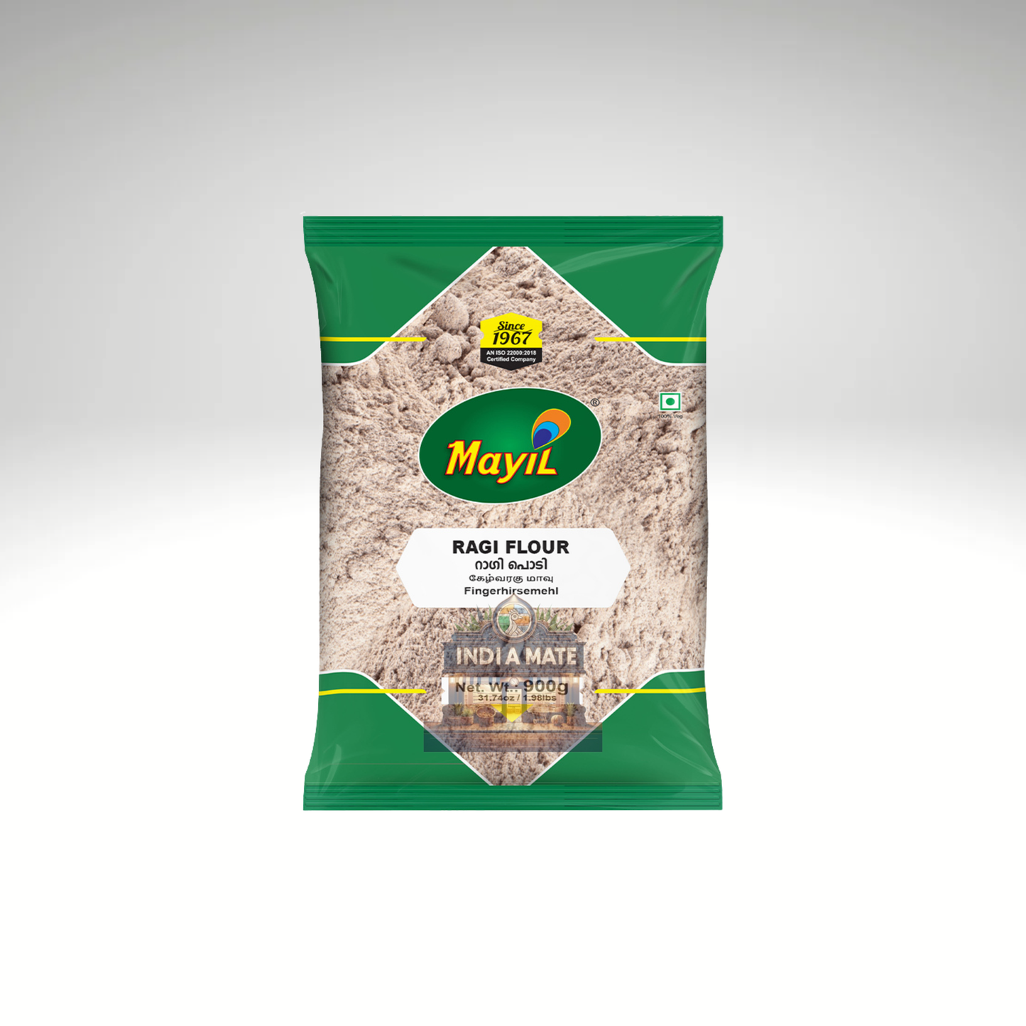 Mayil Ragi Flour, a pack of finely ground finger millet flour used in South Indian cooking for nutritious dishes. The product is in green and white packaging, featuring the Mayil brand logo and information about the ingredients, ideal for making rotis, dosas, and other healthy recipes.