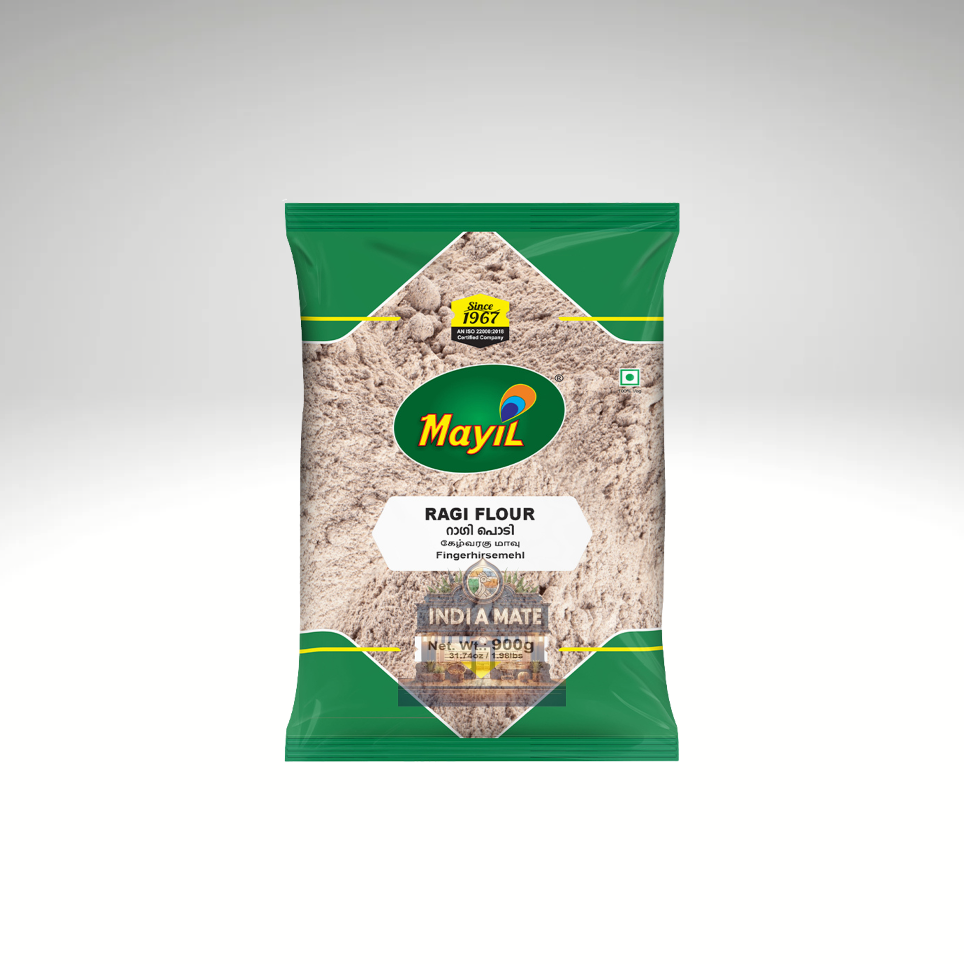 Mayil Ragi Flour, a pack of finely ground finger millet flour used in South Indian cooking for nutritious dishes. The product is in green and white packaging, featuring the Mayil brand logo and information about the ingredients, ideal for making rotis, dosas, and other healthy recipes.