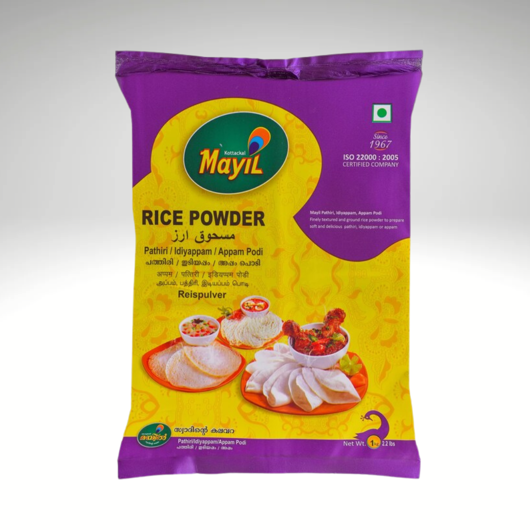 Mayil Rice Powder, finely ground rice flour for cooking and baking, in yellow and purple packaging.