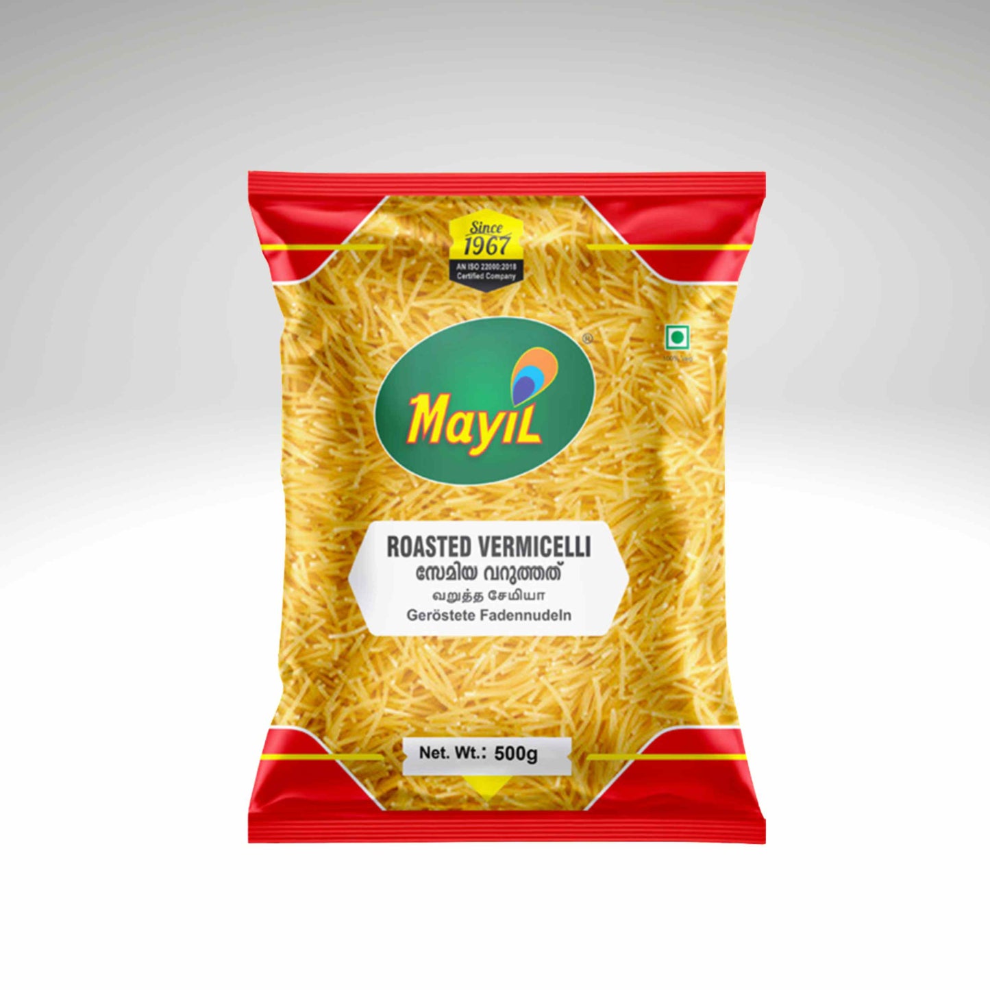 A 500g package of Mayil Roasted Vermicelli on a light gray gradient background. The packaging features a clear window showing the yellow roasted vermicelli noodles inside, framed by red borders with yellow accents and a green Mayil logo in the center.