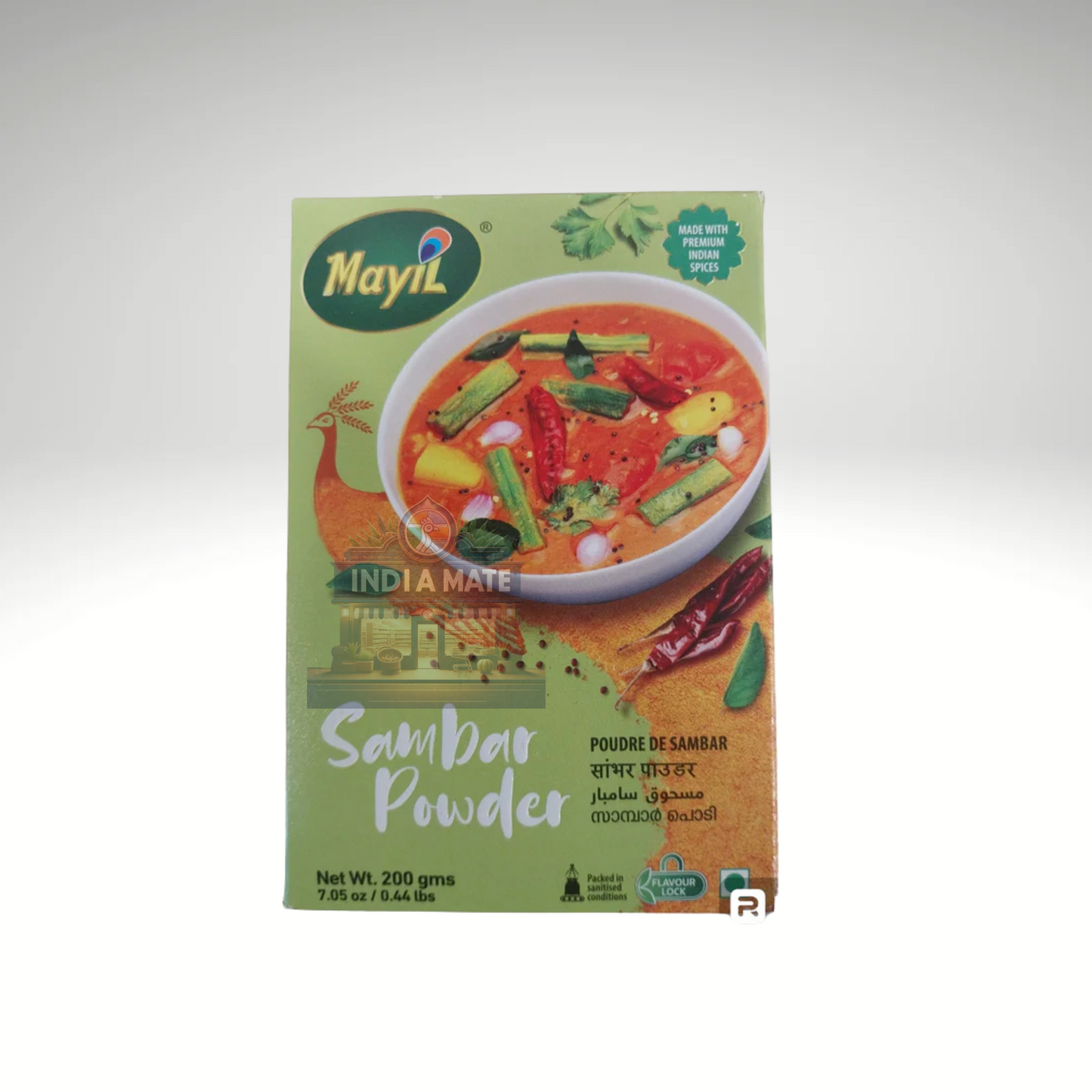 Mayil Sambar Powder, authentic South Indian spice blend for sambar, in vibrant packaging with brand logo and product details.