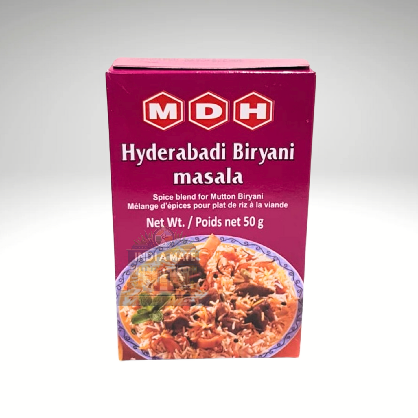 MDH Hyderabadi Biryani Masala, aromatic spice blend for authentic Hyderabadi biryani, in colourful packaging with brand logo and product details.