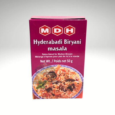 Box of MDH Hyderabadi Biryani masala spice blend on a white background