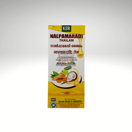 Nalpamaradi Thailam – ayurvedic herbal oil in a glass or bottle container.