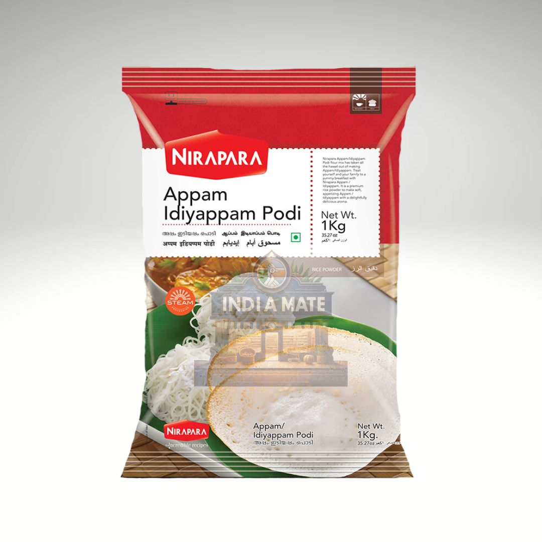 Pack of Nirapara Appam Idiyappam Podi, featuring a fine flour mix designed for making soft and fluffy idiyappam, a popular South Indian delicacy.